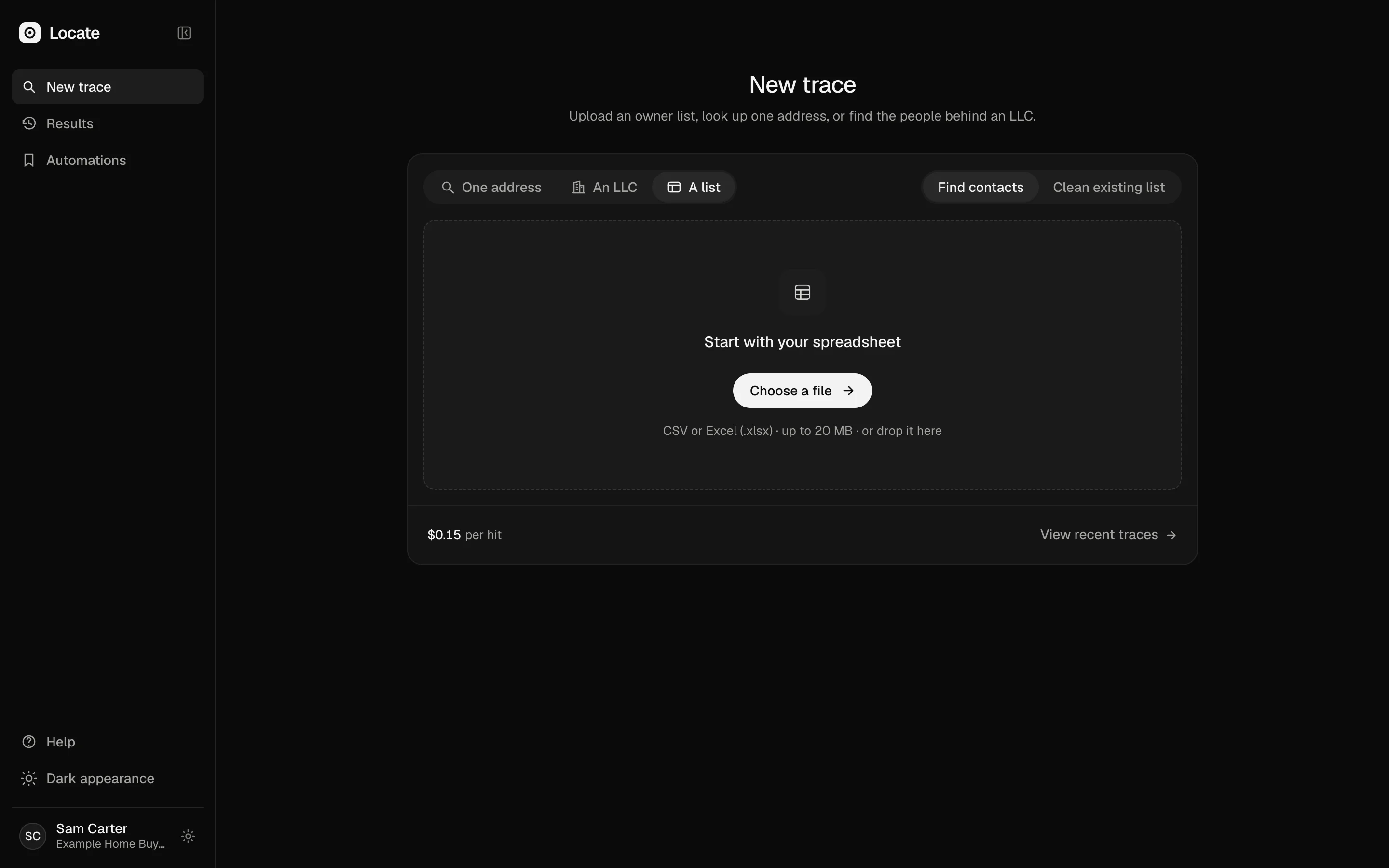 Locate’s upload screen: a drop area for a CSV or Excel list, a choice between finding contacts and cleaning a list you already have, and the price per qualifying result.