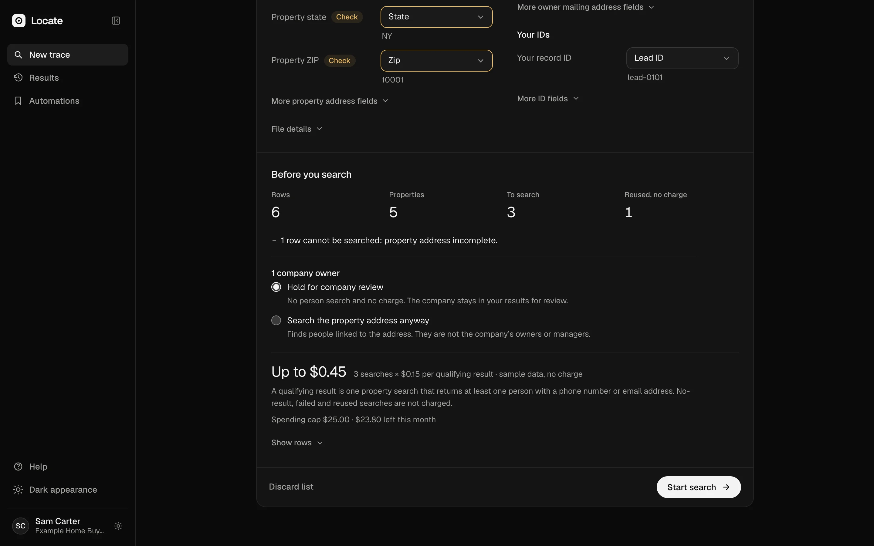 The check before searching: how many properties will be searched, which rows are set aside and why, and the most the search can cost.