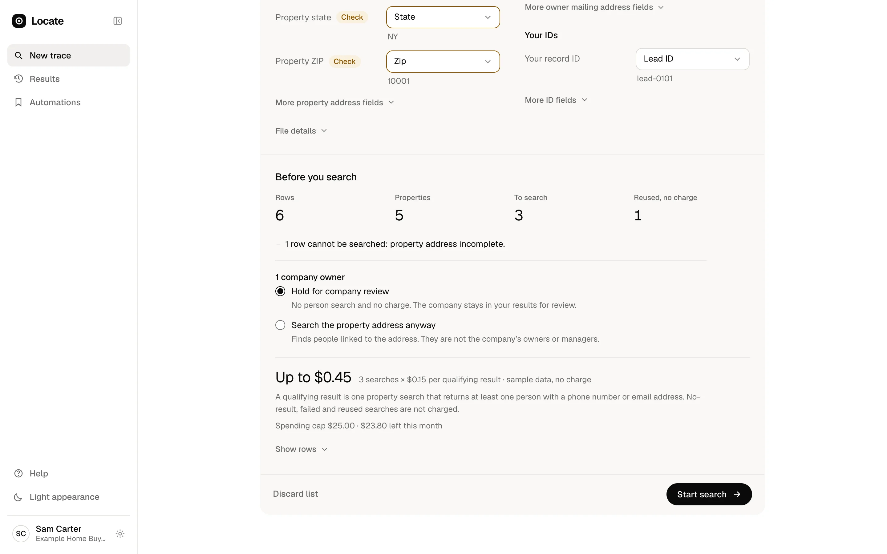 The check before searching: how many properties will be searched, which rows are set aside and why, and the most the search can cost.