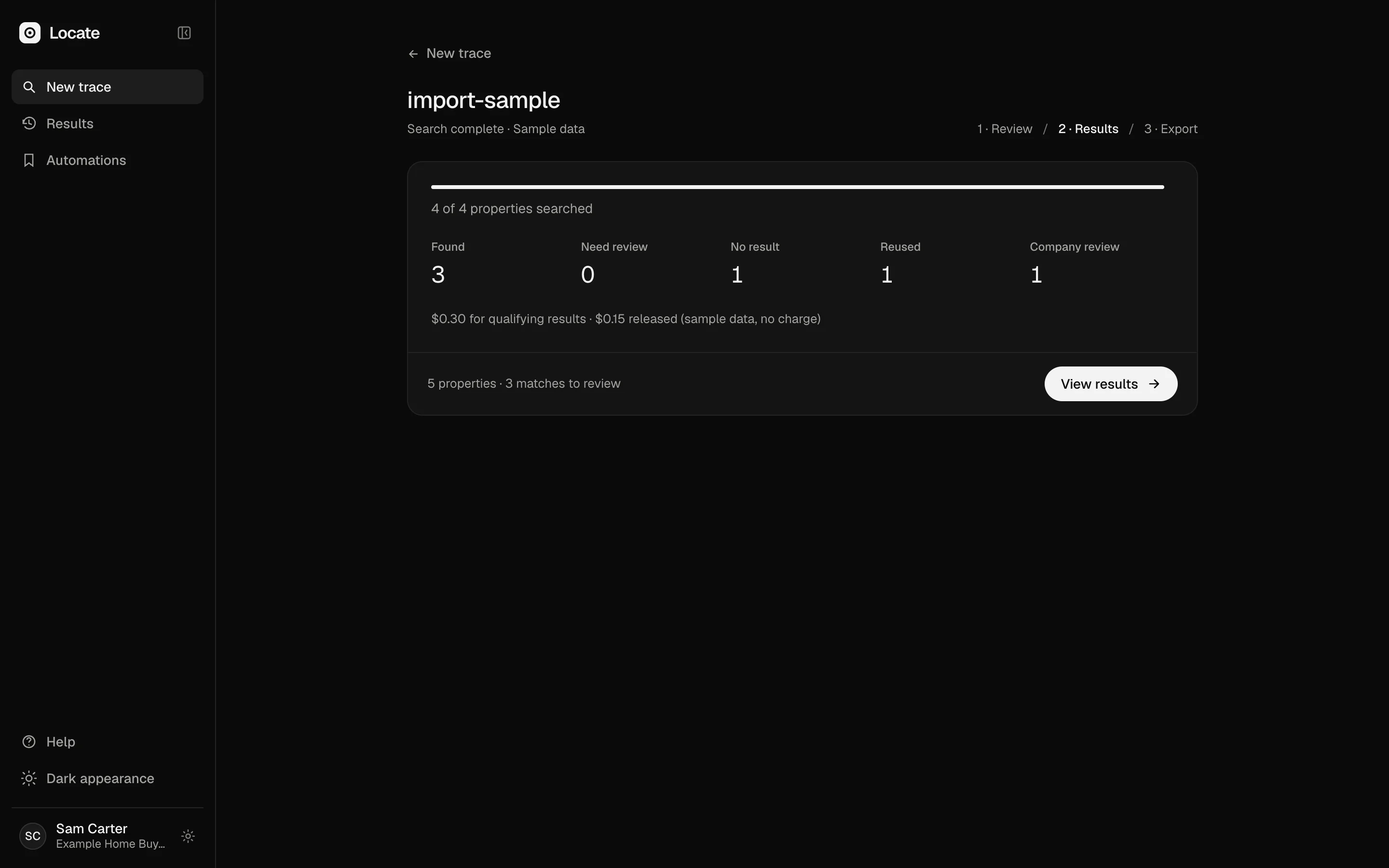 A finished search with its ledger: searches run, results reused and the amount for qualifying results.
