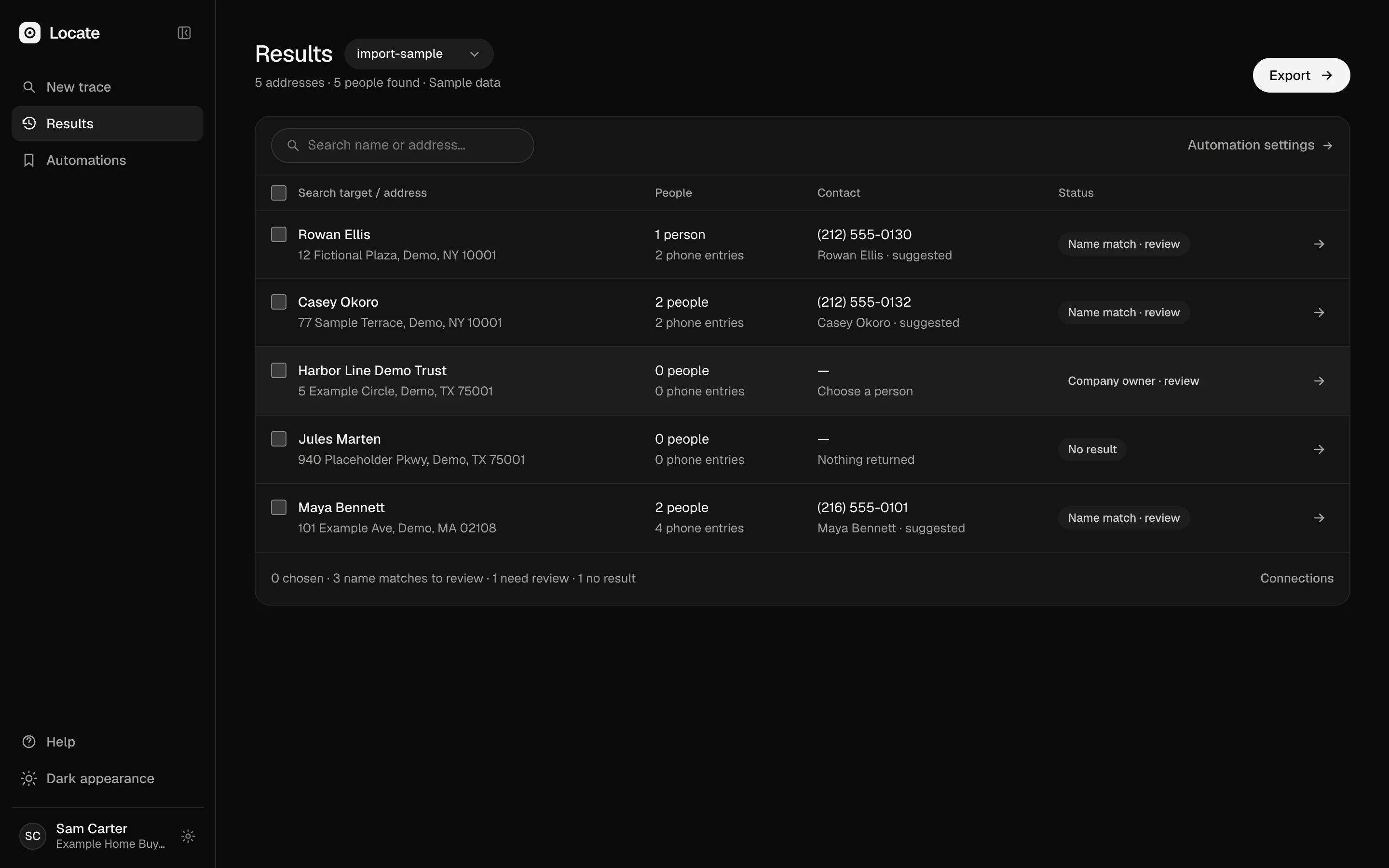 The results table for the sample list, with a status for every address such as name match, company owner or not traced.