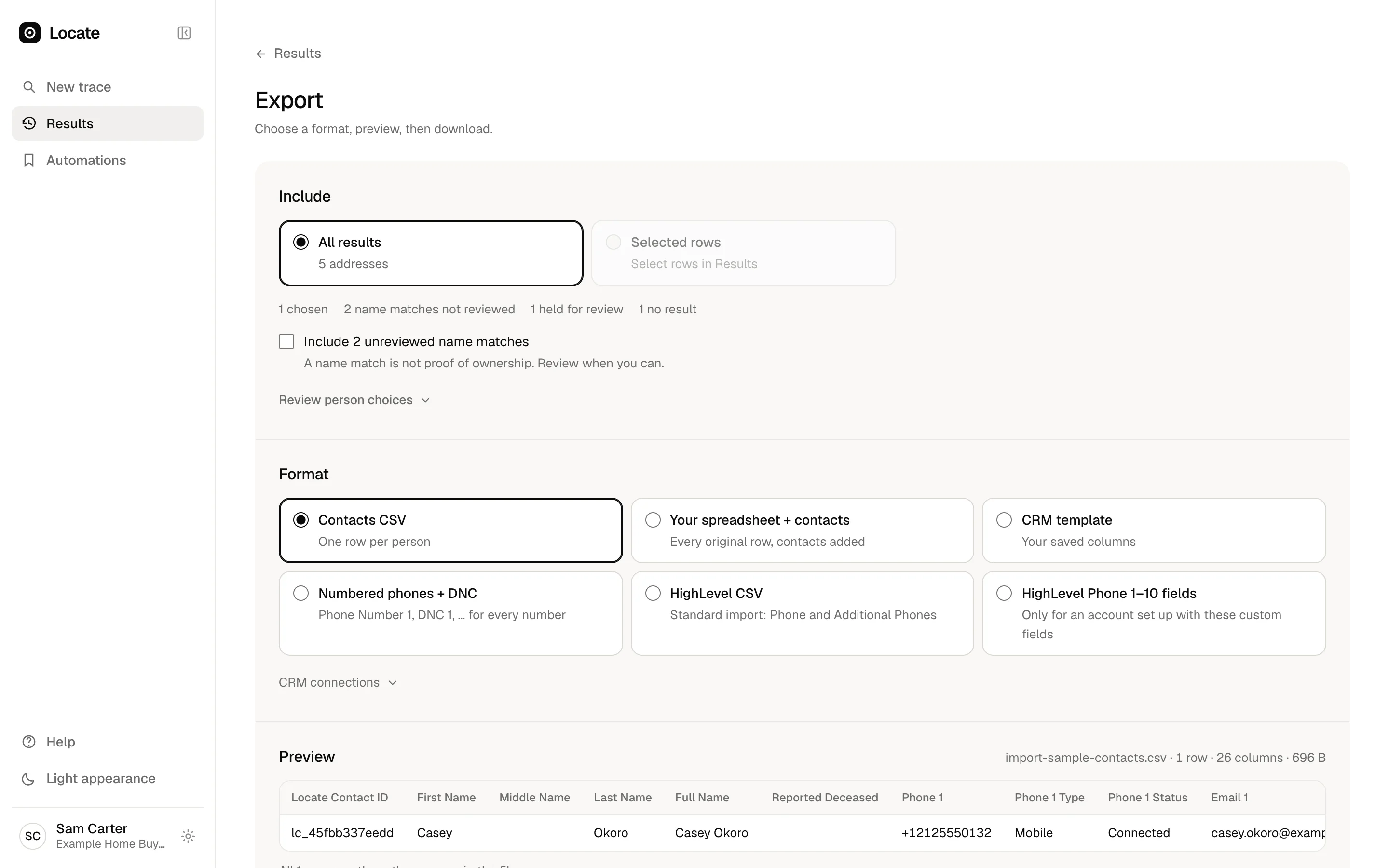 The export step: choose all results or selected rows, and a format such as your spreadsheet plus contacts or numbered phone and DNC pairs.