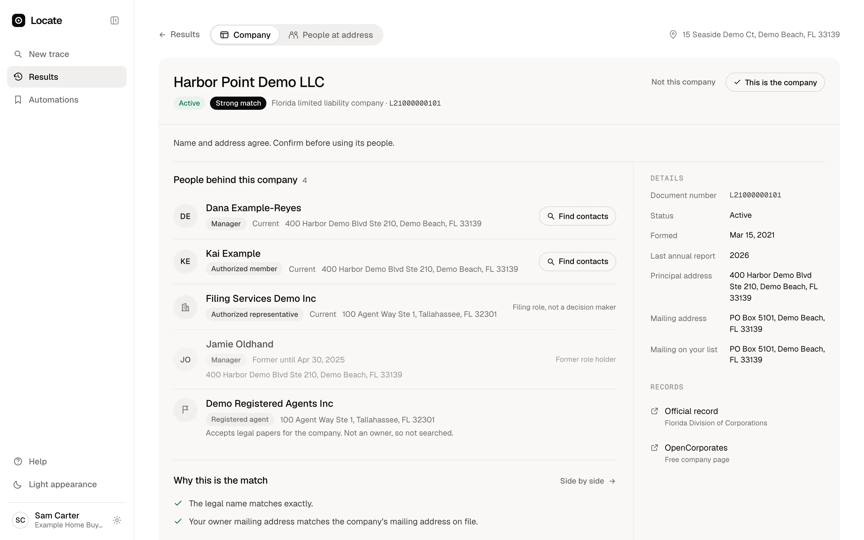 A company owner under review: the matching Florida company, its current manager and member, a former manager with an end date, a filing representative and the registered agent shown separately.