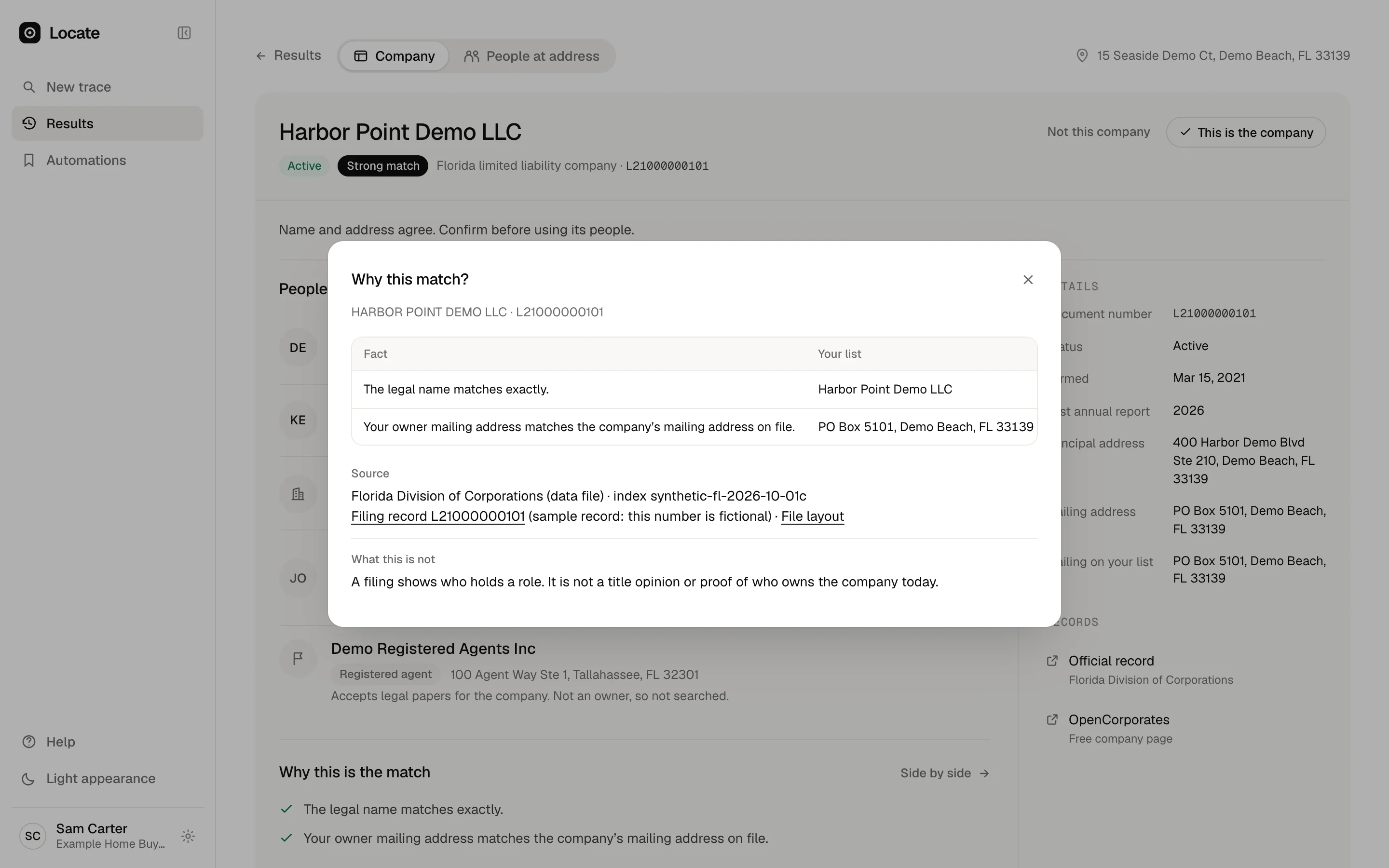 The evidence behind a company match: the legal name and the owner mailing address agree with the company’s filing.