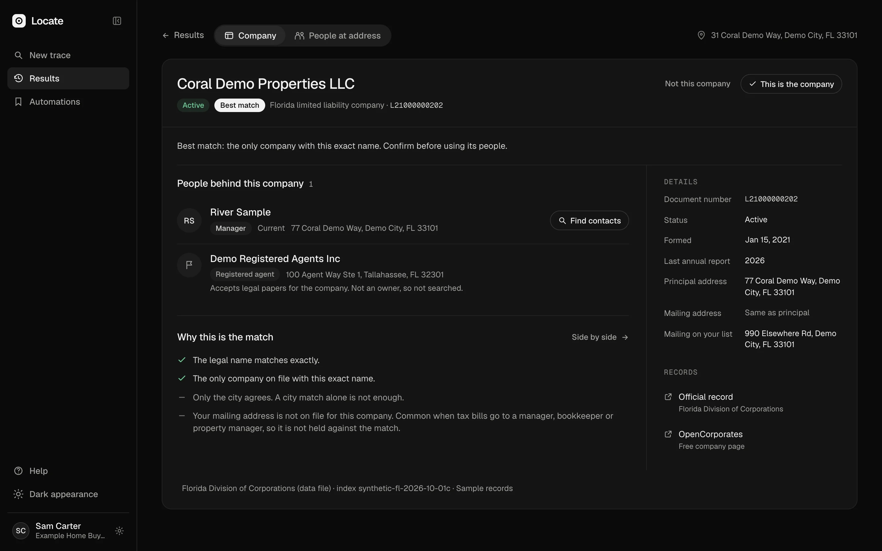 The only company with this exact name, shown as the best match: the different mailing address on the list is a note, not a reason to reject it.