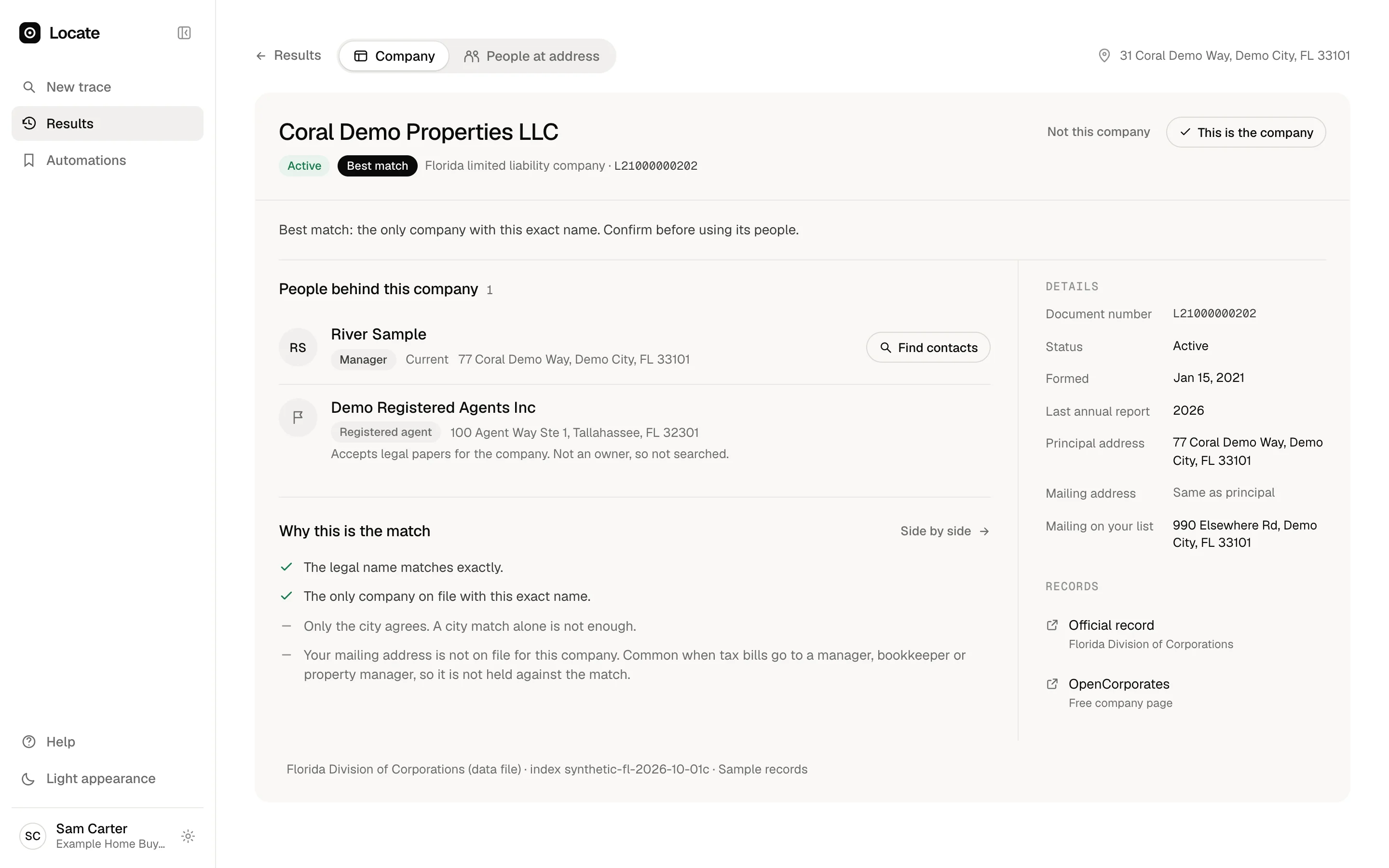 The only company with this exact name, shown as the best match: the different mailing address on the list is a note, not a reason to reject it.