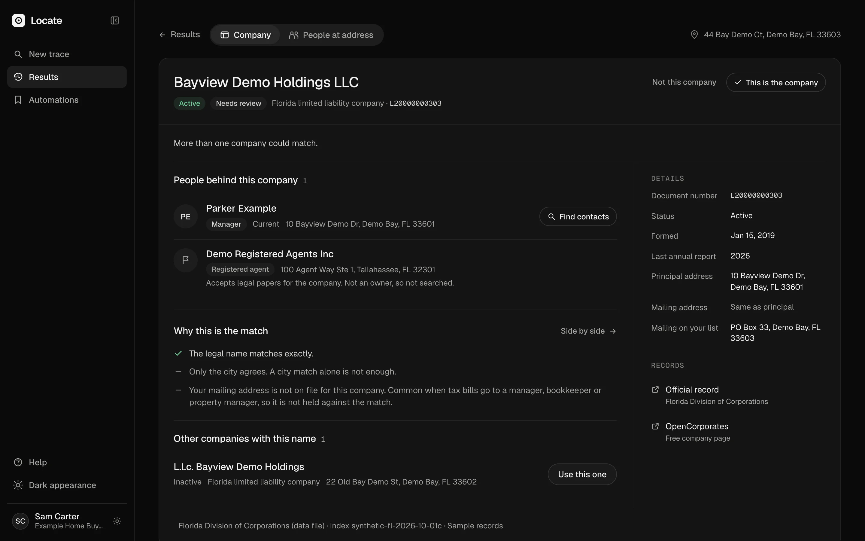 Two companies with the same name, so Locate shows both and asks which one owns the property.