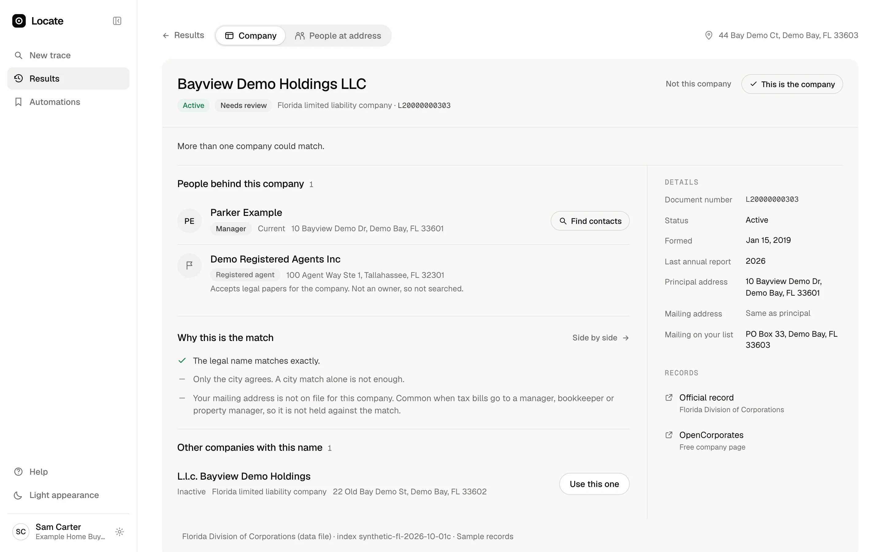 Two companies with the same name, so Locate shows both and asks which one owns the property.