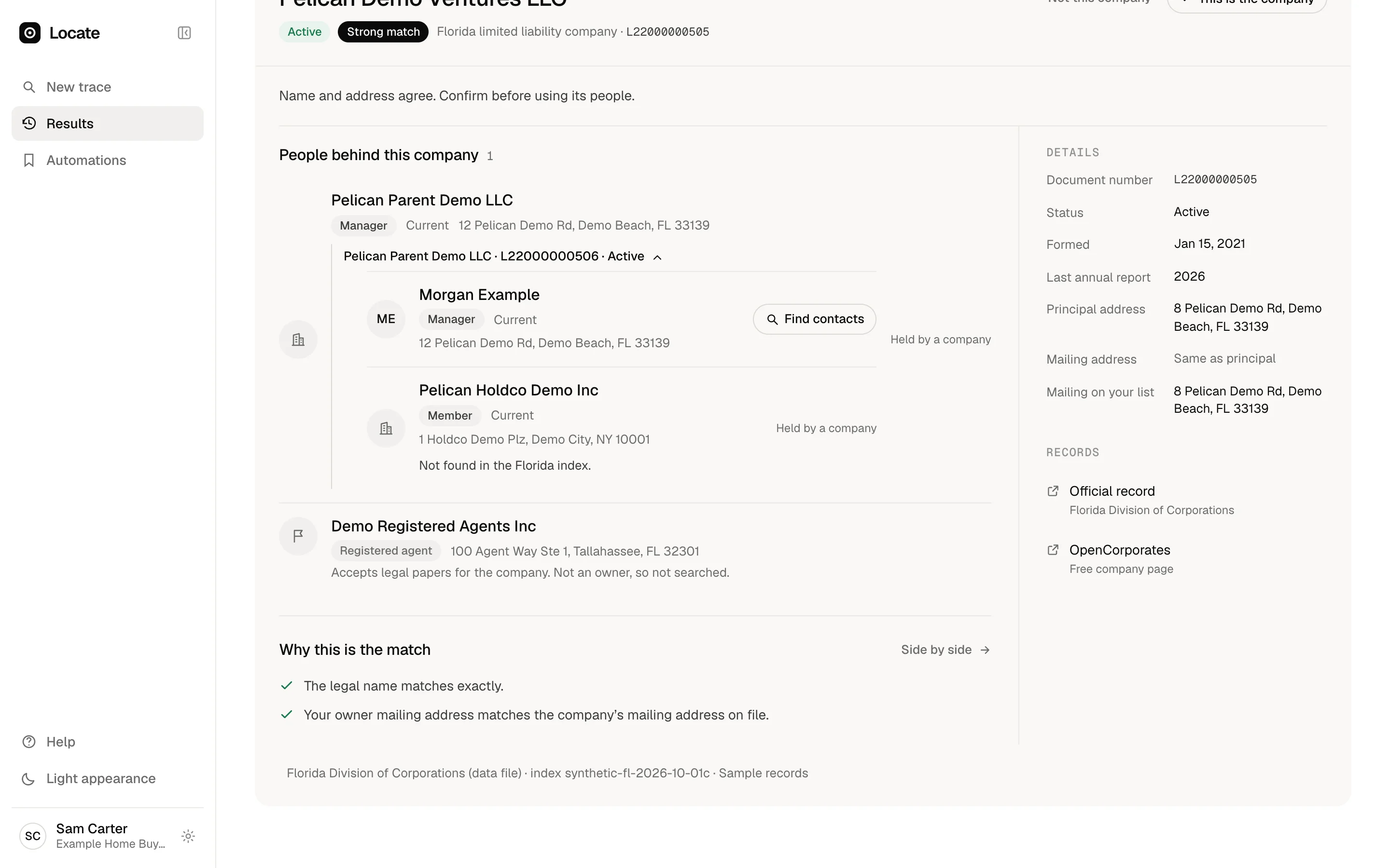 A company whose manager is another company: Locate follows it to the parent’s manager and shows where the chain stops.
