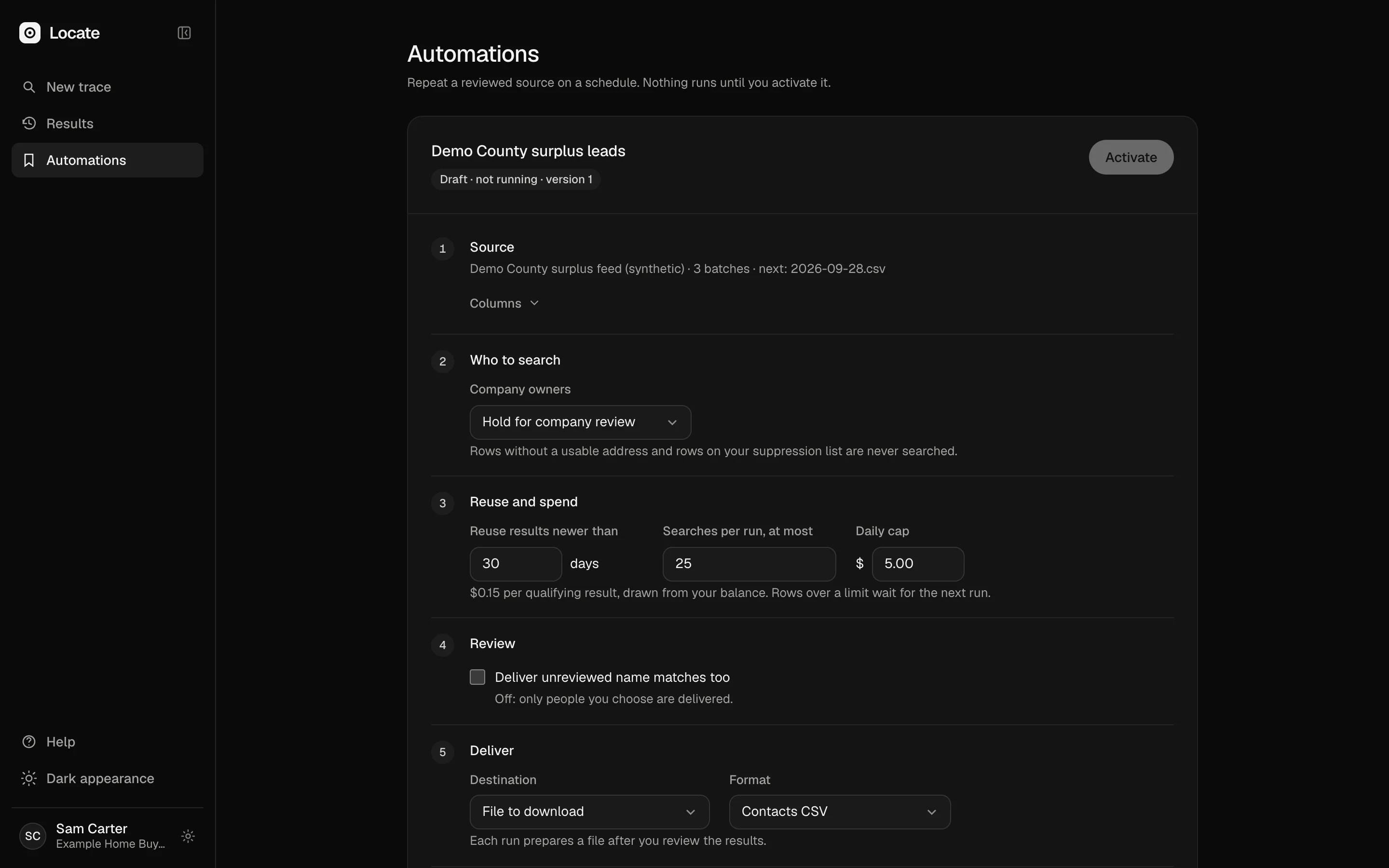 An automation recipe written as steps: the source file, which rows are new, company owners, reuse, limits and where results go.