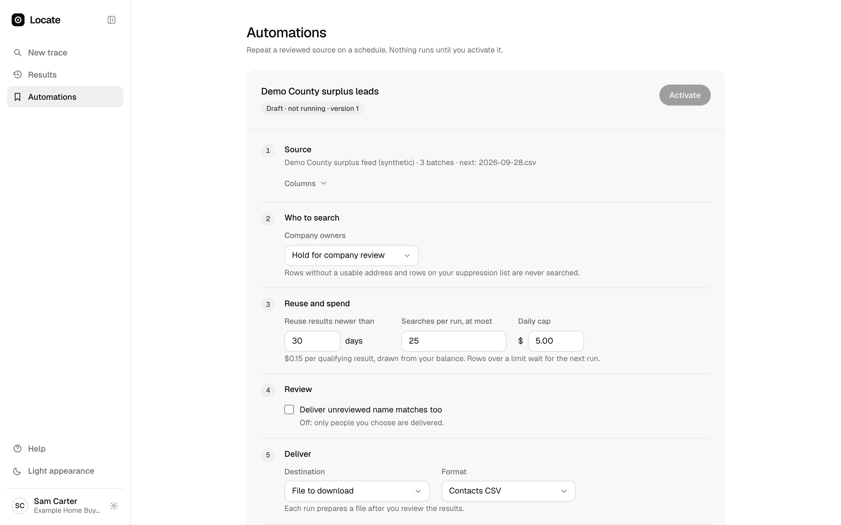 An automation recipe written as steps: the source file, which rows are new, company owners, reuse, limits and where results go.