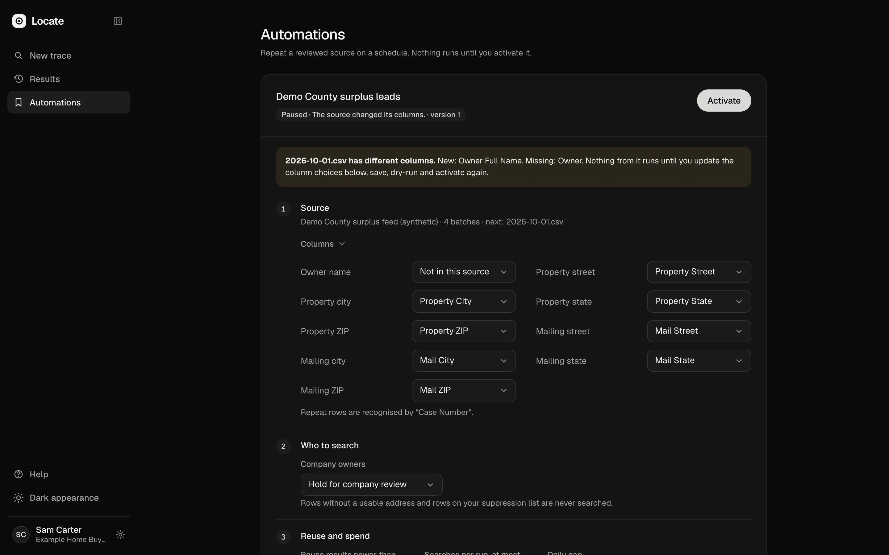 An automation paused because the source file changed its columns, naming the new and missing columns.