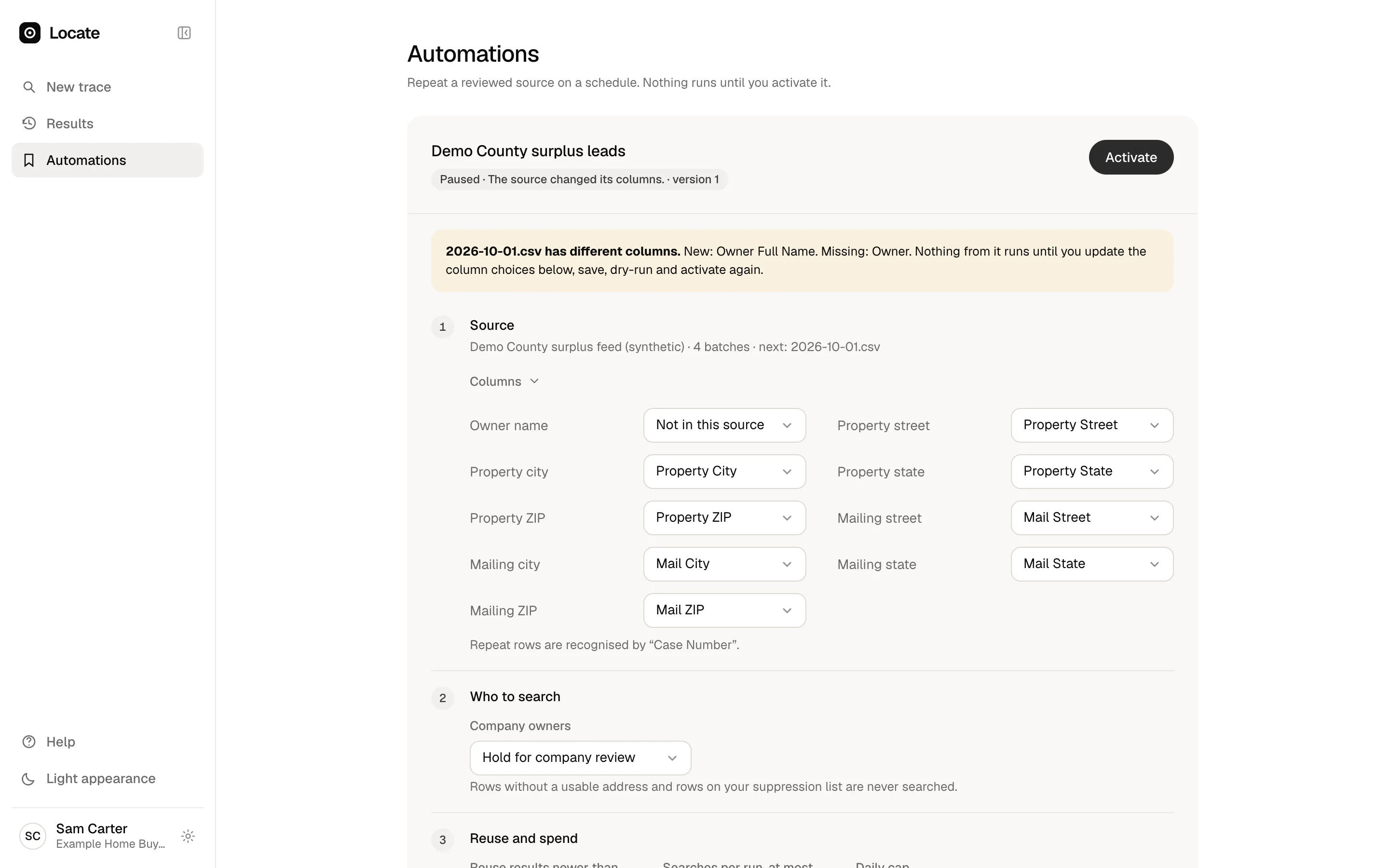 An automation paused because the source file changed its columns, naming the new and missing columns.