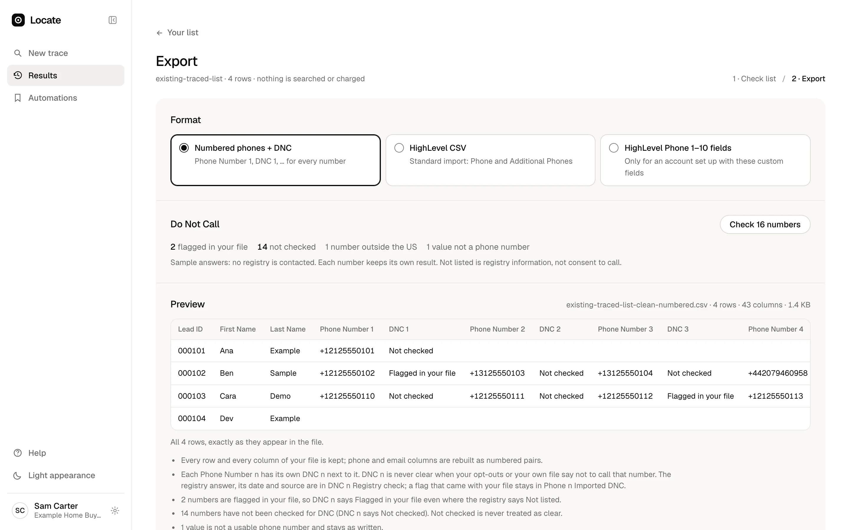 A list that already had phone numbers, cleaned for export: numbered Phone Number and DNC pairs, a number flagged in the file shown as flagged and the rest not checked yet, with nothing searched or charged.